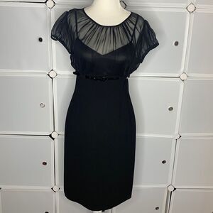 Tahari Black Sheer Yoke Belted Sheath Dress